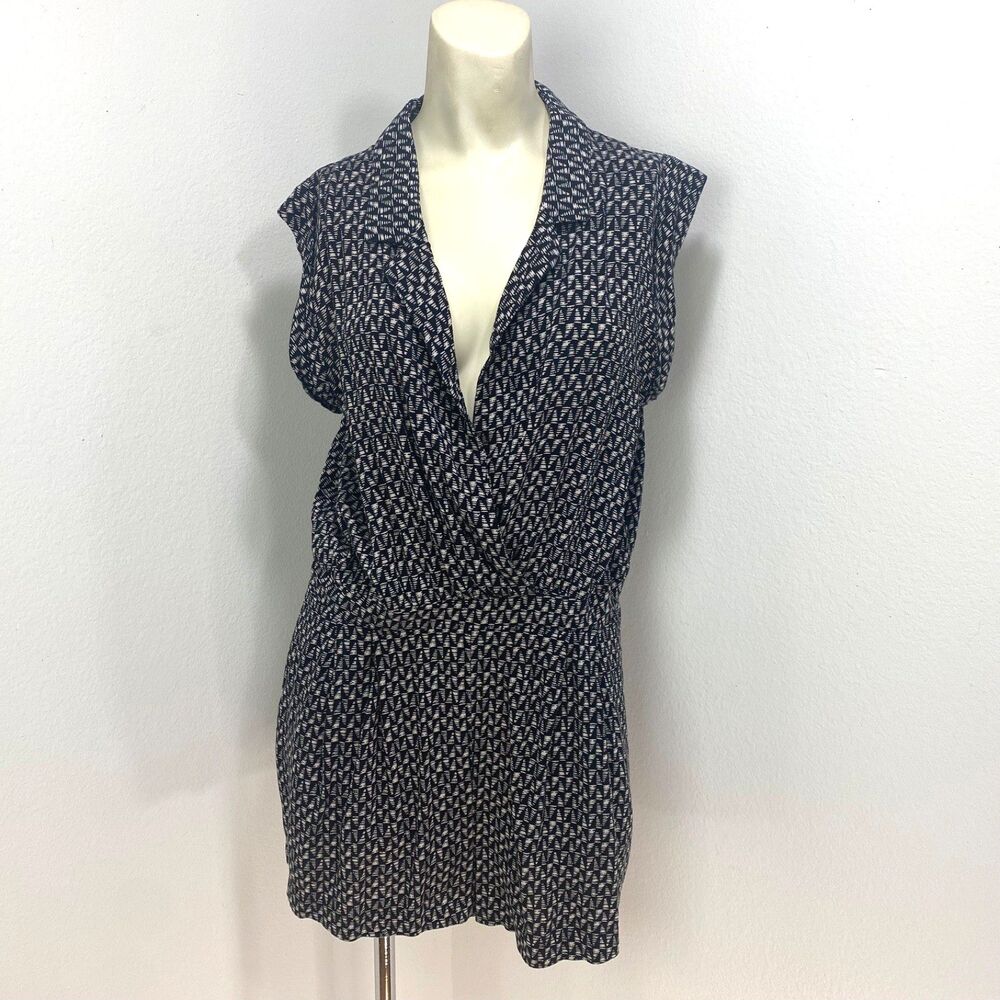 Sweet Rain Black Romper Large Rayon Geometric Sleeveless Pockets Deep V-Neckline